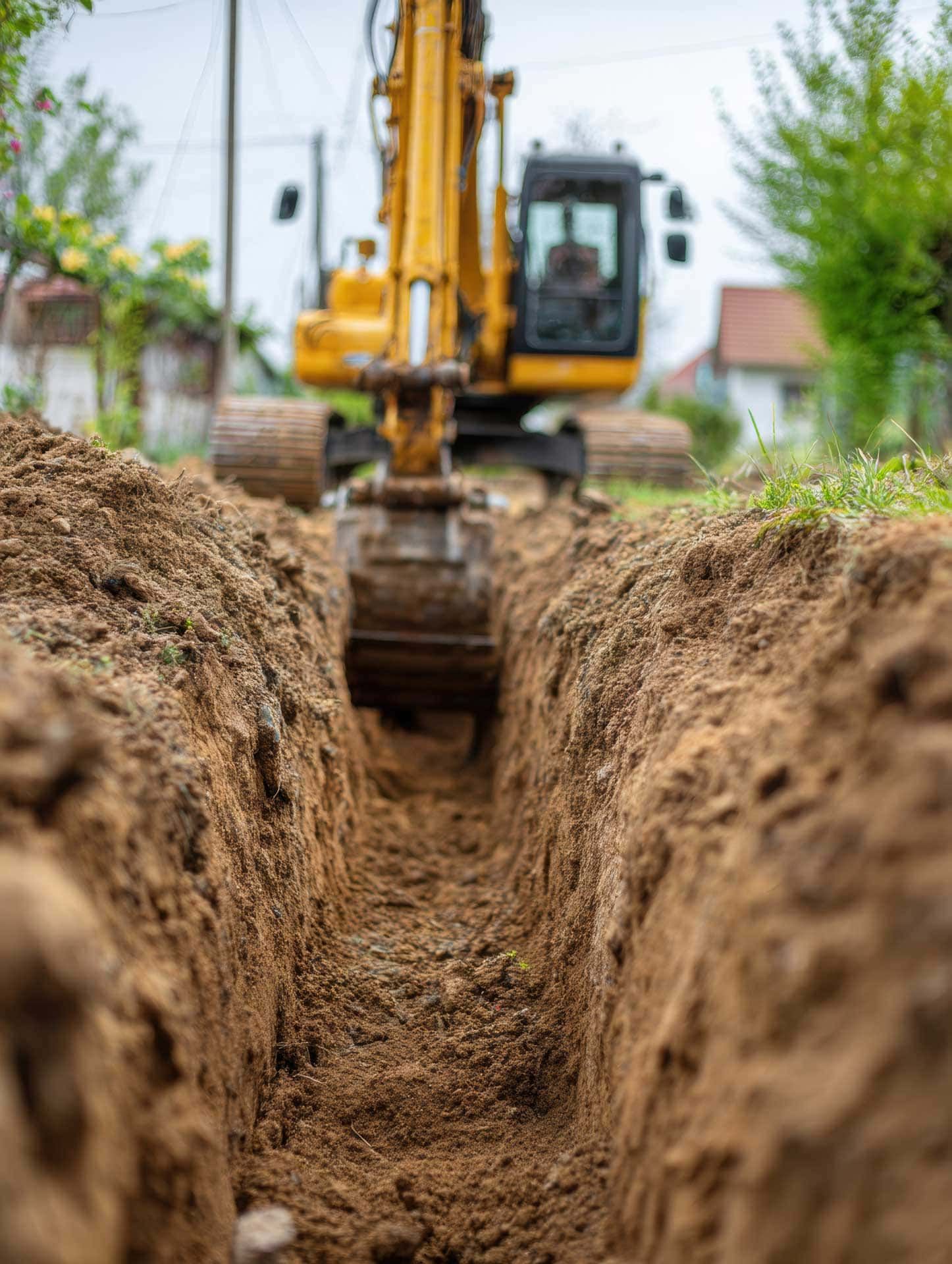 Yellow excavator digging a trench in dirt, in a residential area.
