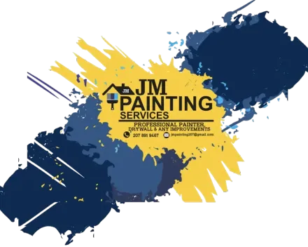 A logo for jm painting services with a blue and yellow splash