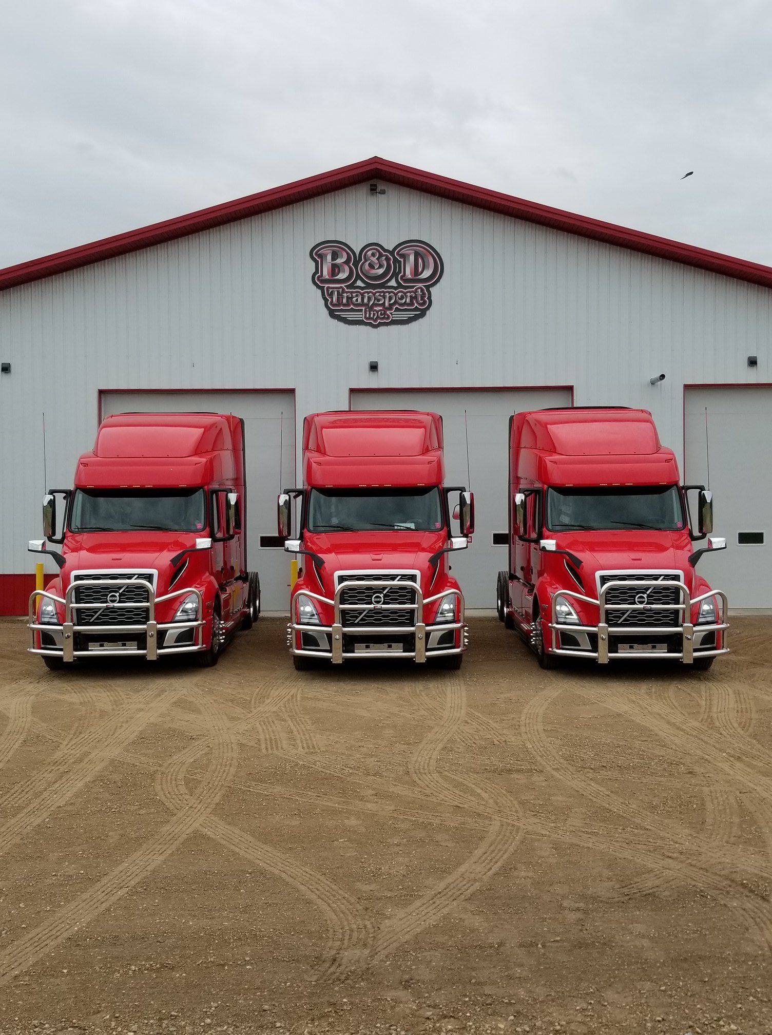 Three red semi trucks are parked in front of a building that says bod transport