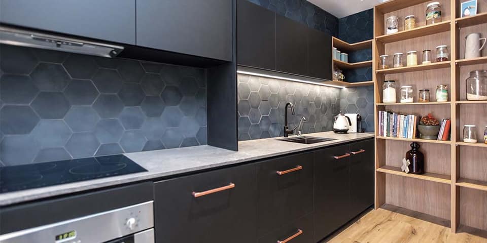 Dark Kitchen with Hexagon Splashback — Cabinet Makers In Tamworth, NSW