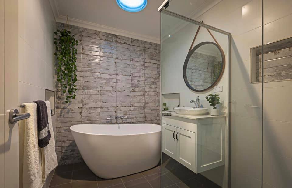 White Bathroom with Tiled Walls — Cabinet Makers In Tamworth, NSW