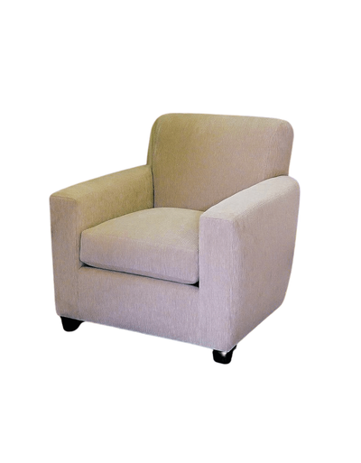 Beige upholstered armchair with square arms and black feet.