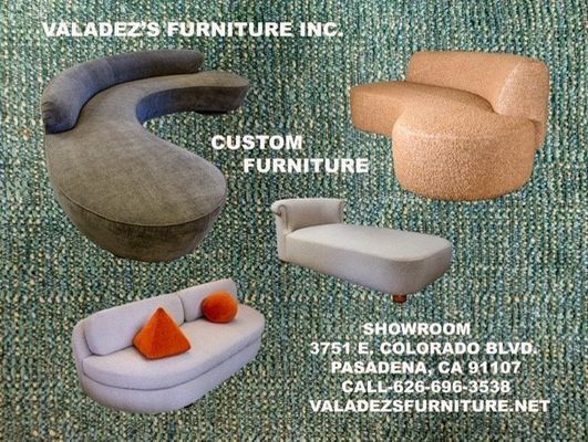 Advertisement featuring custom furniture: a curved sofa, an armchair, a chaise lounge, and a small sofa.