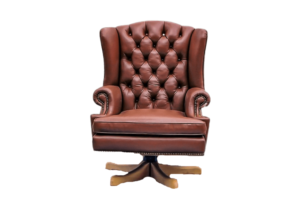 Brown leather tufted wingback chair on a wooden swivel base.
