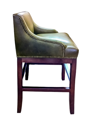 Green leather bench with wooden legs and studded trim.