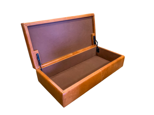 Open, rectangular, brown wooden box with a matching interior, hinges visible.