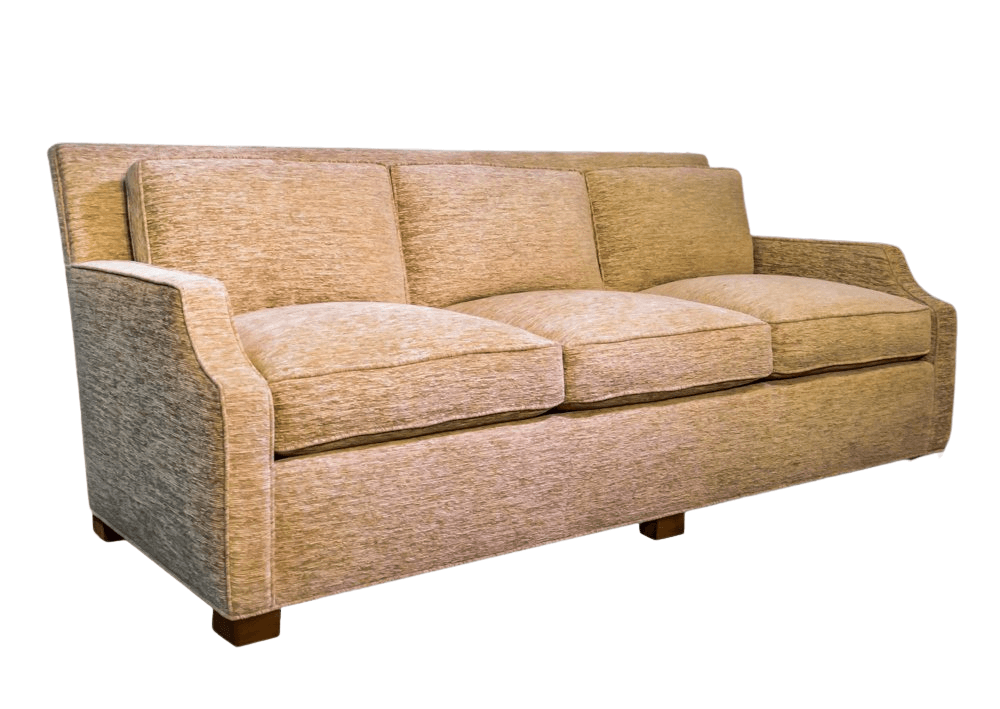 Beige fabric sofa with three seat cushions, dark wooden legs, and square arms.