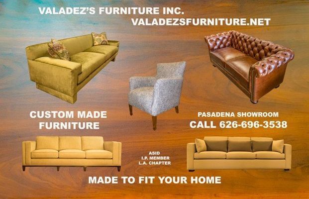 Advertisement for Valadez's Furniture, Pasadena. Features sofas and chairs, custom-made. Contact information is included.