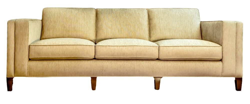 Beige three-cushion sofa with square arms and dark wooden legs.