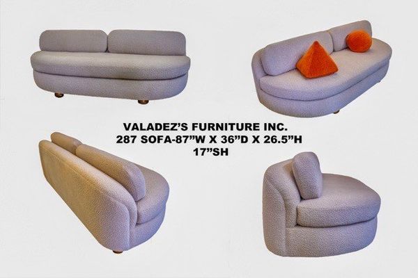 Four views of a light gray sofa by Valadez's Furniture. Details include dimensions and brand text on the bottom.