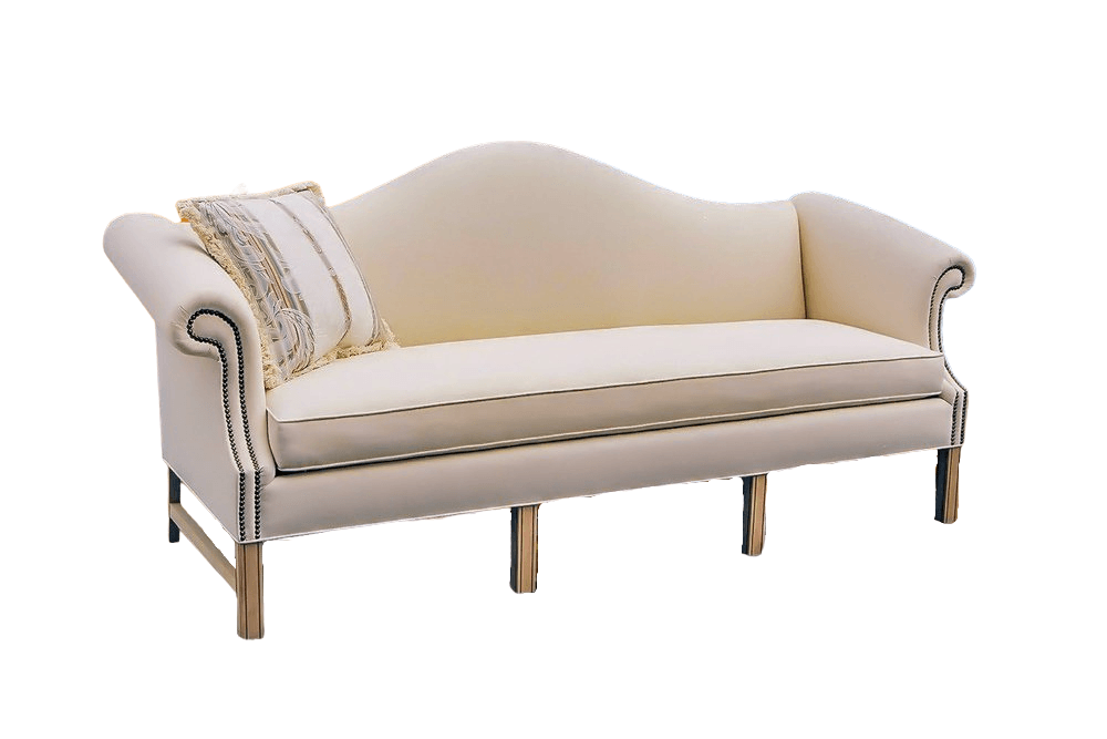 Cream-colored upholstered loveseat with curved back, rolled arms, and decorative pillow.