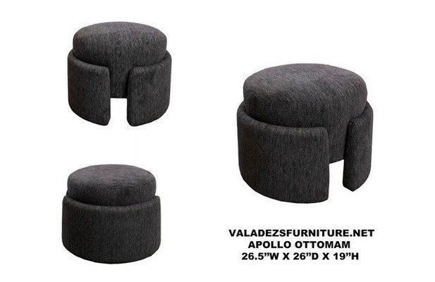 Three views of a dark gray, fuzzy Apollo ottoman; dimensions listed.