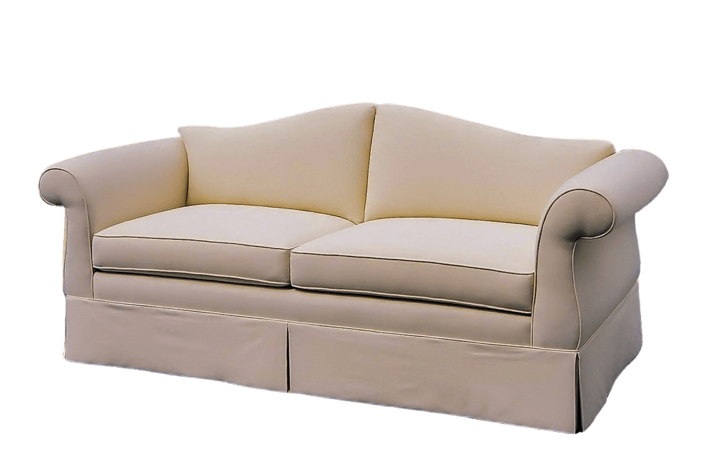Beige loveseat with two cushions, rolled arms, and skirted base.