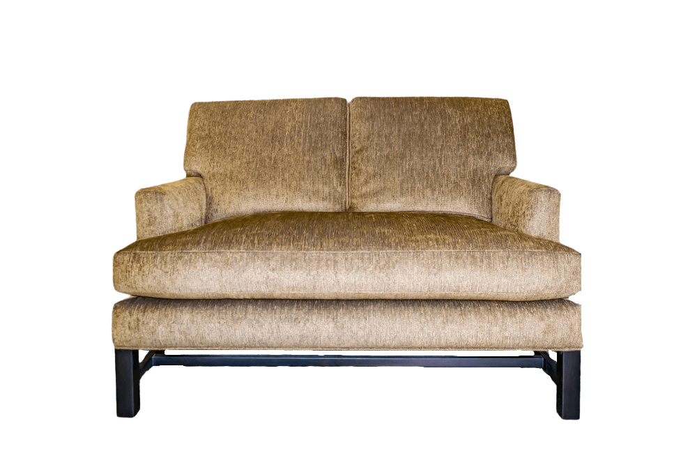 Tan loveseat with a black frame, against a white background.