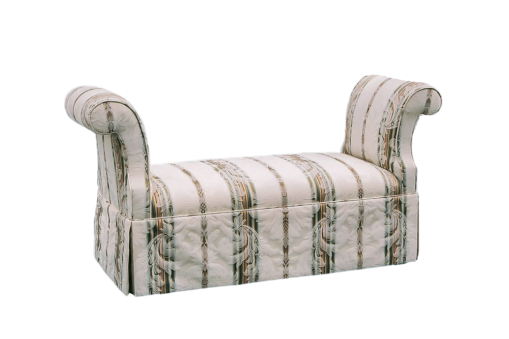 Upholstered bench with striped fabric, rolled arms, and pleated skirt.