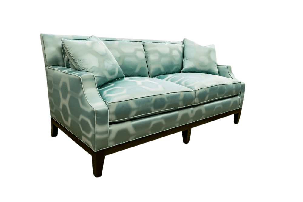 Aqua patterned loveseat with two cushions and dark wood legs.