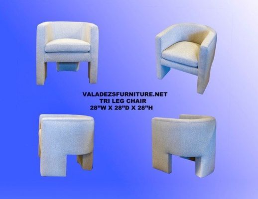 Four views of a white tri-leg chair against a gradient blue background. The chair has rounded arms.