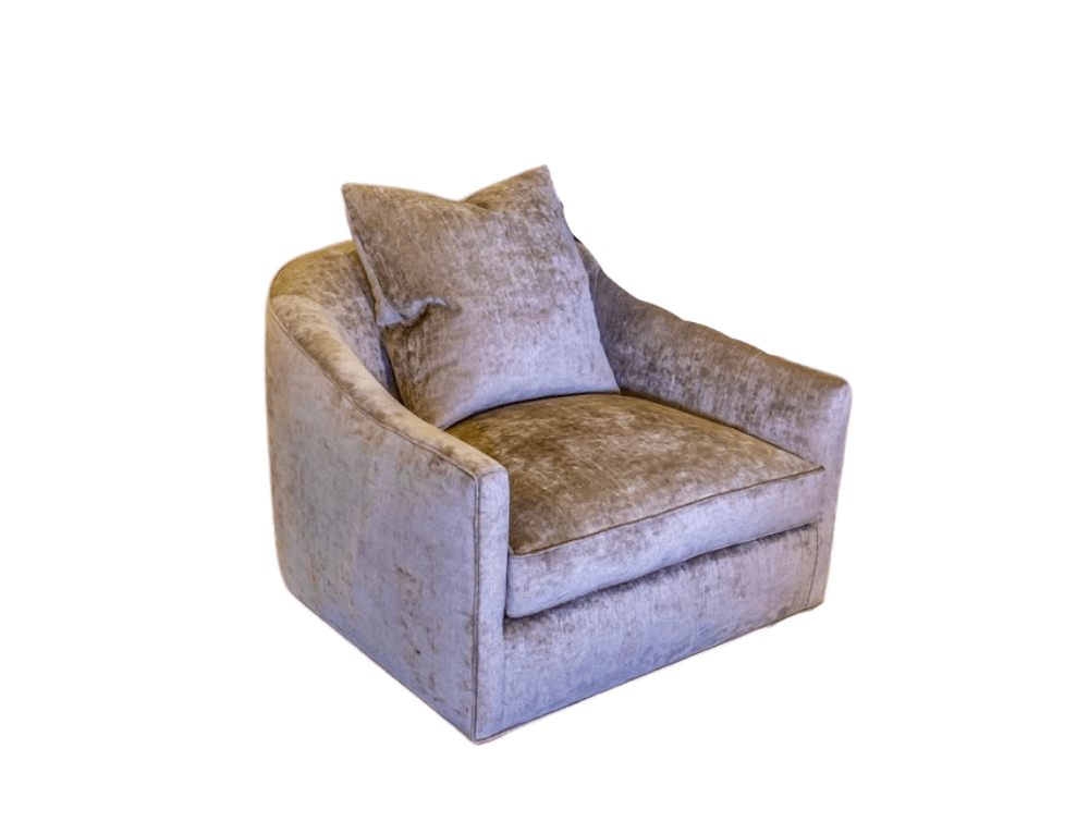 Cozy, taupe-colored armchair with a matching square pillow, isolated on white background.