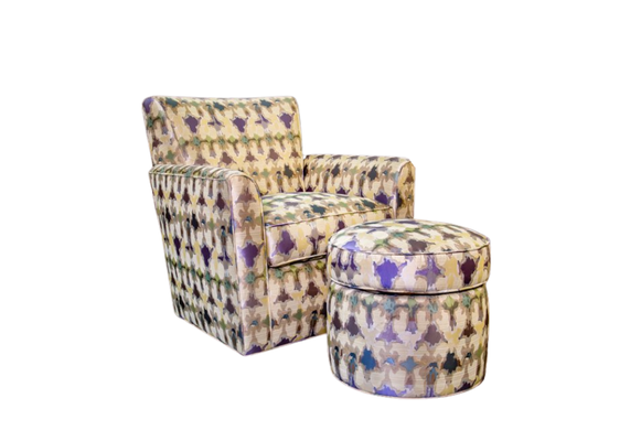 Armchair and ottoman set with patterned fabric, purple and gold details.