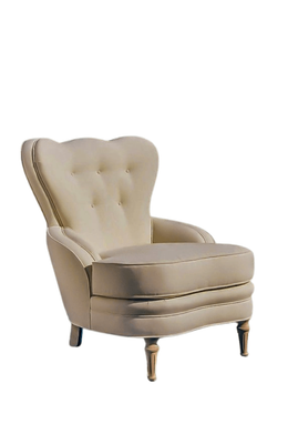 Beige upholstered armchair with button tufting, curved back, and wooden legs.