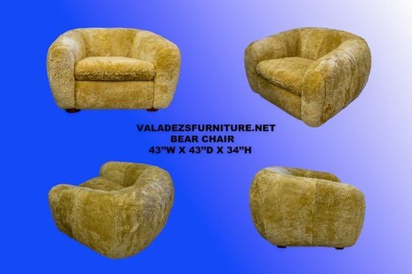 Four views of a gold, barrel-shaped armchair against a blue gradient background; dimensions: 43