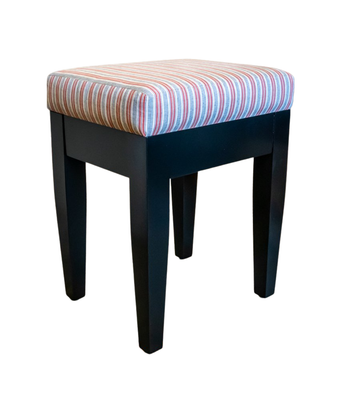 Black wooden stool with striped red, white, and blue cushion.