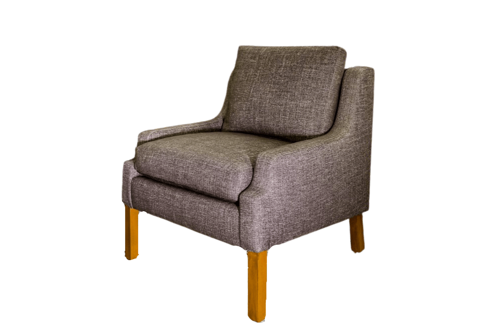 Gray upholstered armchair with wooden legs on white background.