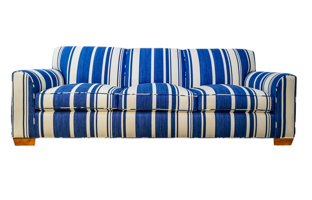 Blue and white striped sofa on wooden feet.