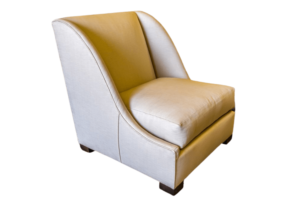 Cream-colored upholstered armchair with a curved back, on a white background.