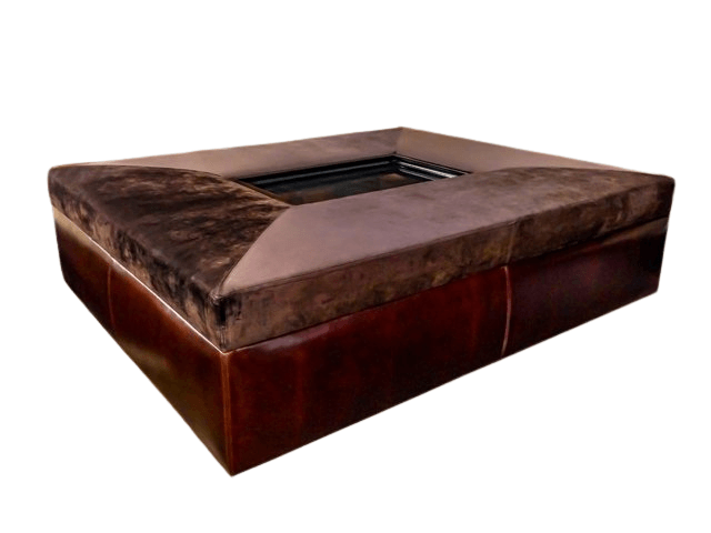 Brown leather and velvet square coffee table with a recessed center.