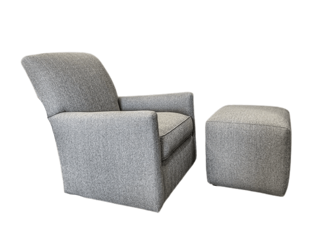 Gray upholstered chair and ottoman set.