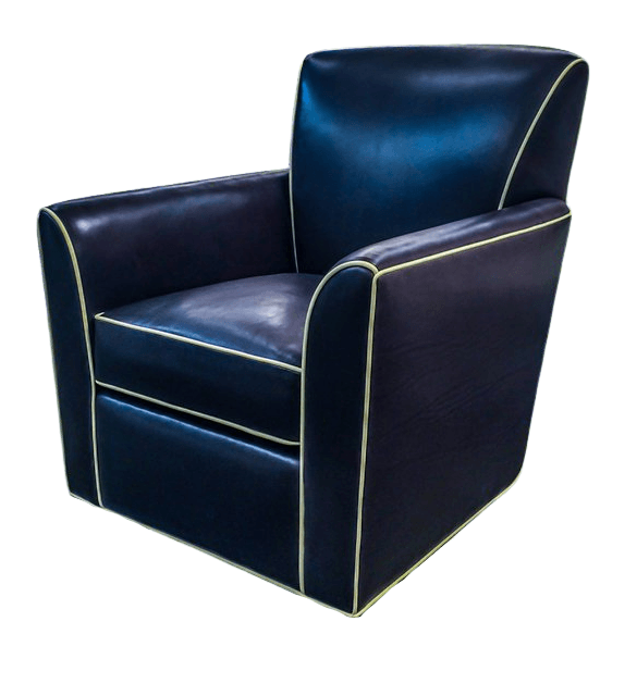 Navy blue leather armchair with gold trim.