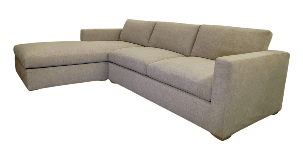 Beige sectional sofa with a chaise lounge on a white background.