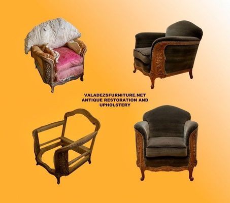 Antique chair restoration process: Frame, disassembled, reupholstered, and final product.