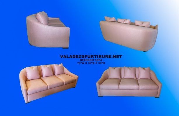 Pink sofa, four views: angled, rear, front angled, and straight front. Blue background, white text.