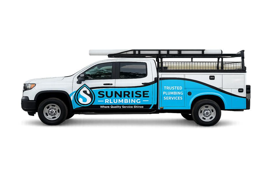 White and blue Sunrise Plumbing service truck with ladder rack, side logo, and phone number on the door