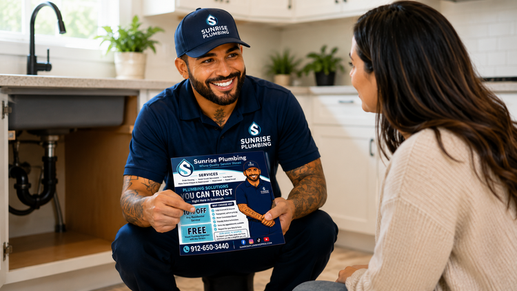 Smiling person in a black Sunrise Plumbing polo and cap, standing with tattooed arms and hands clasped.