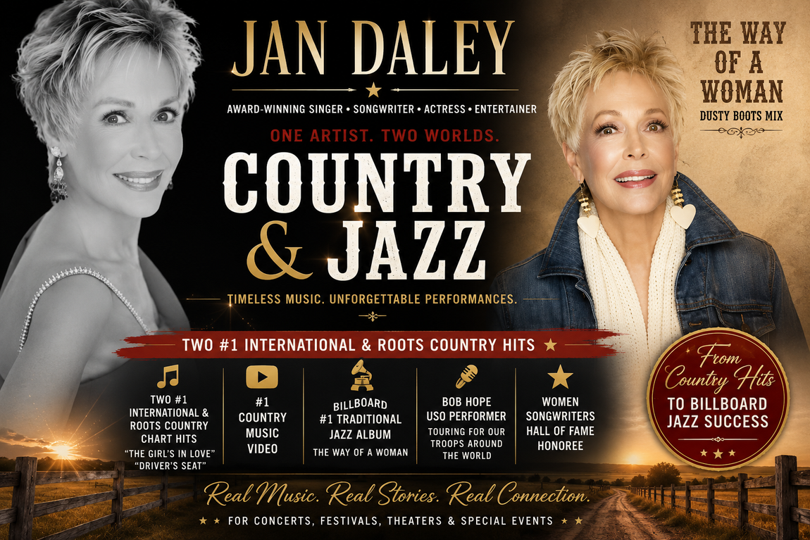 Promotional poster for Jan Daley’s “Country & Jazz” with two portraits and gold city skyline accents