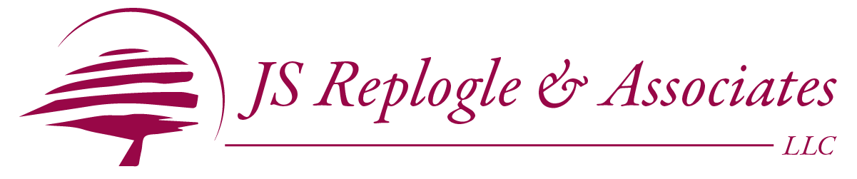 Logo for JS Replogle & Associates LLC featuring a stylized burgundy tree and text.