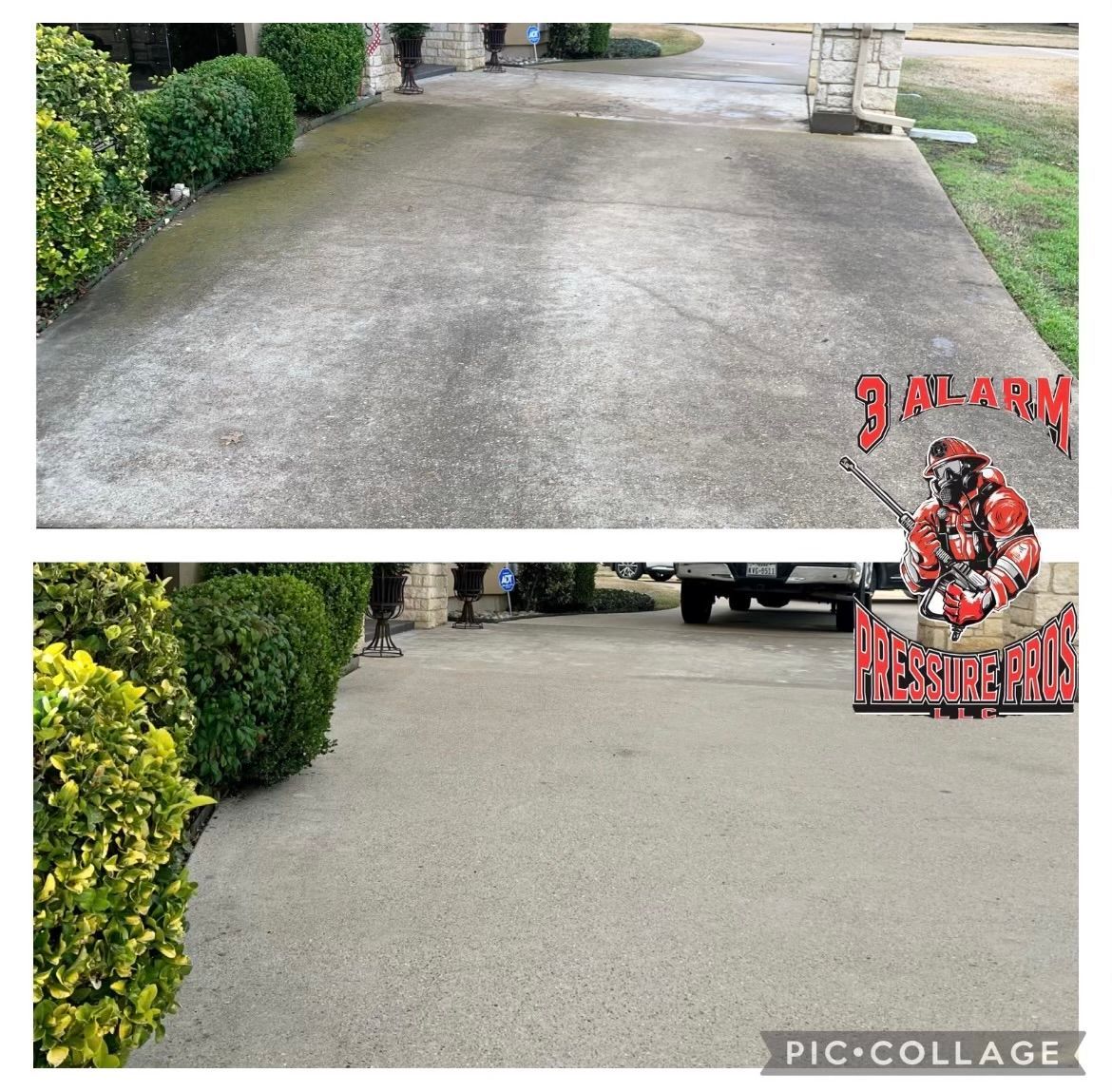A before and after photo of a concrete driveway