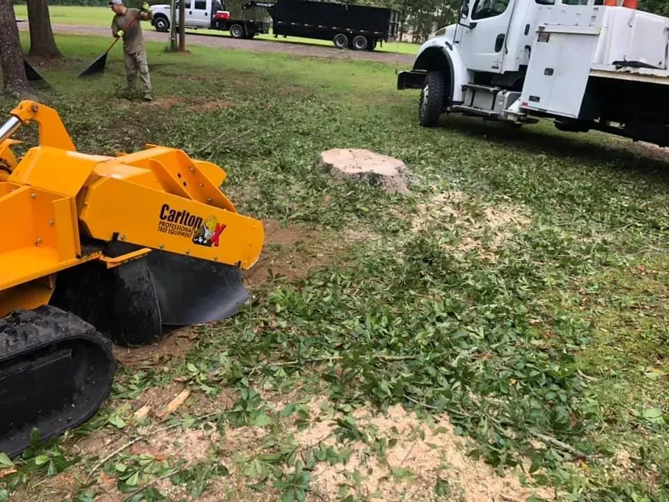 A stump grinder is sitting in the grass next to a truck.