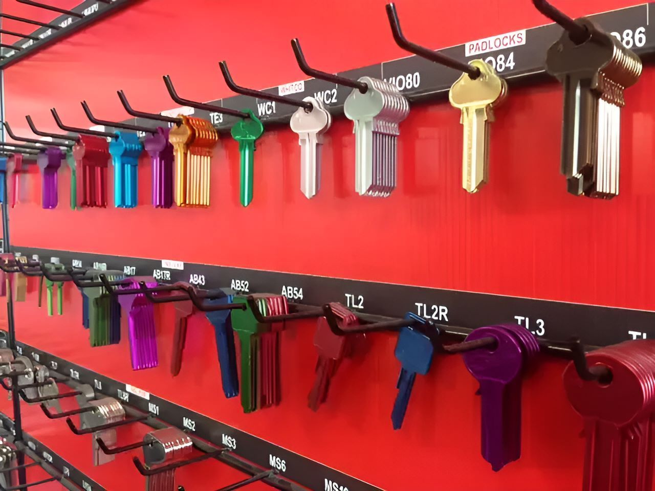 A Bunch Of Different Colored Keys Are Hanging On A Rack — Locksolid Security Locksmiths in Grafton, NSW