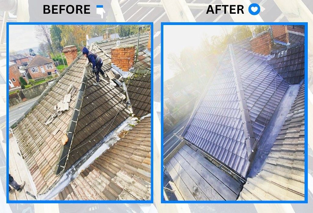 A picture of a before and after photograph on a roof replacement caried out b Hightop Roofers Huddersfield