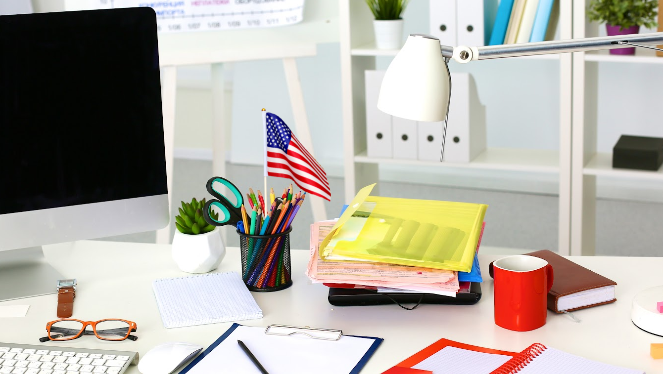 patriotic virtual assistant workstation with american flag