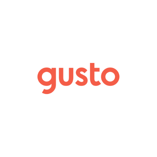 A red and white logo for gusto on a white background
