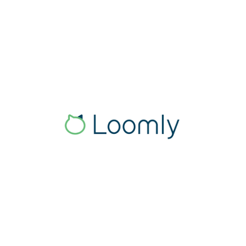 A logo for loomly with a cat on a white background.