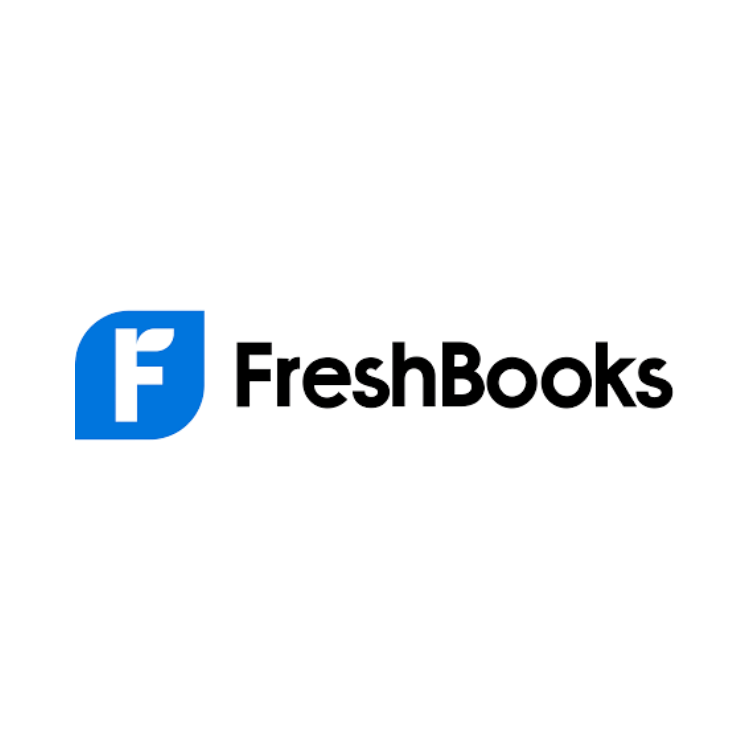 FreshBooks logo: a blue leaf-shaped icon with a white "f", and the name "FreshBooks" in black.