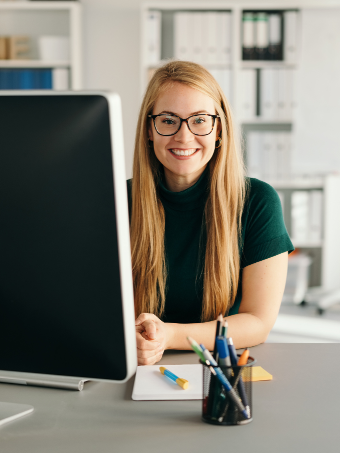 a virtual assistant smiles at the camera