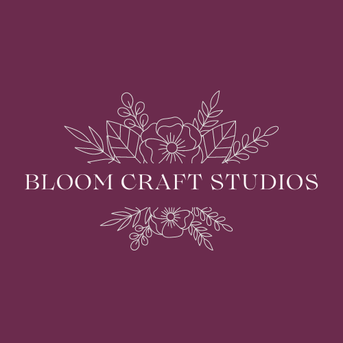 A logo for bloom craft studios with flowers and leaves on a purple background.