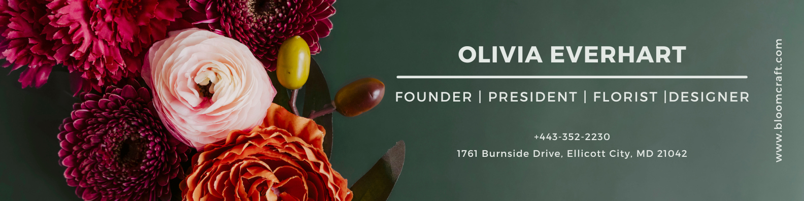 A picture of a vase of flowers with the name olivia everhart on it.